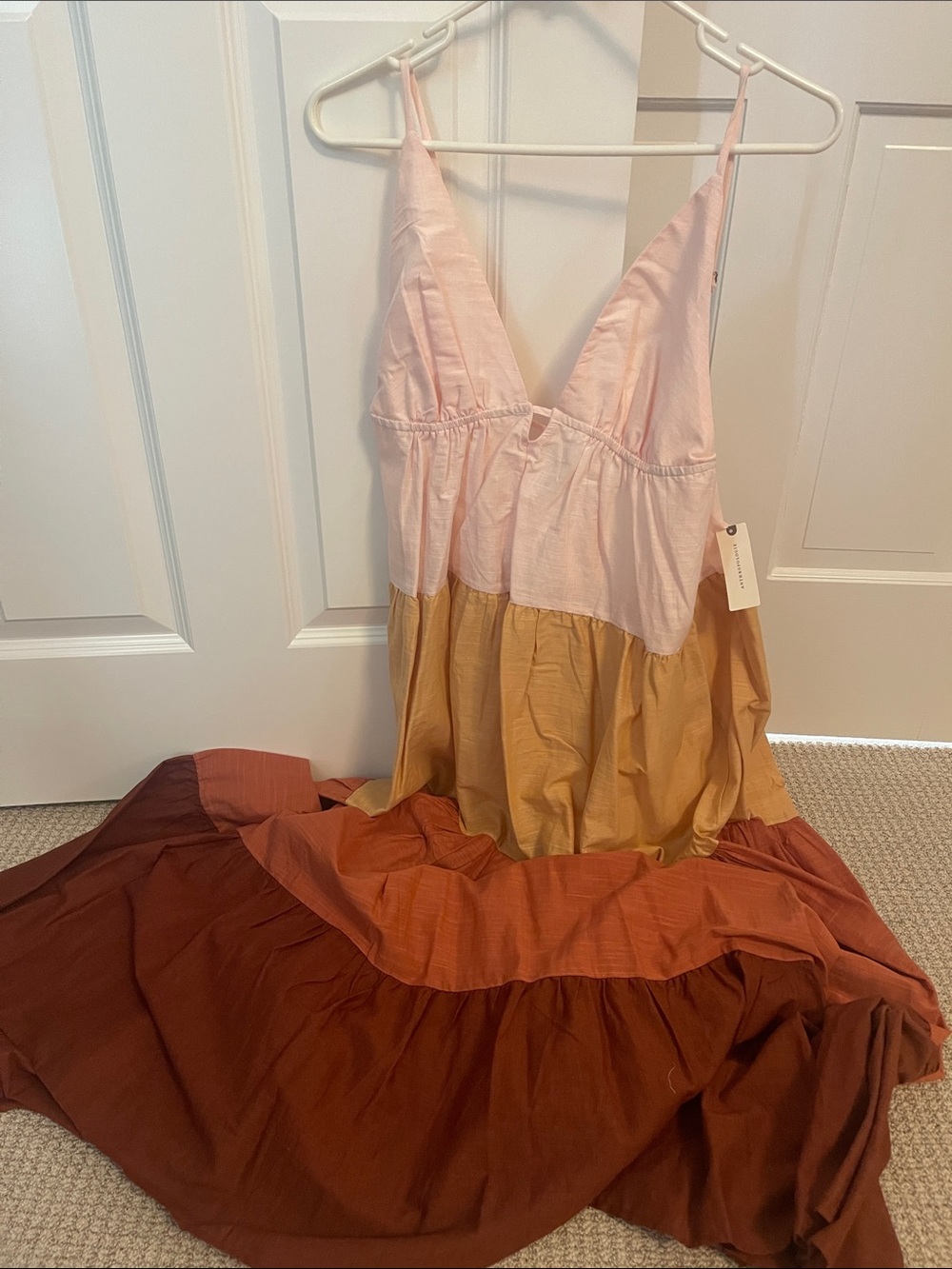 Anthropologie Tiered Maxi Dress in Blush, Mustard & Rust ray colorblock